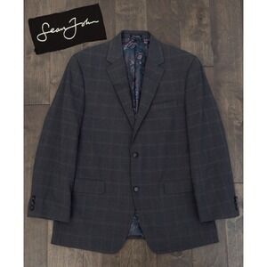 Sean John Mens Suit‎ Jacket Size 42R Gray Windowpane Stretch Blazer Two Button